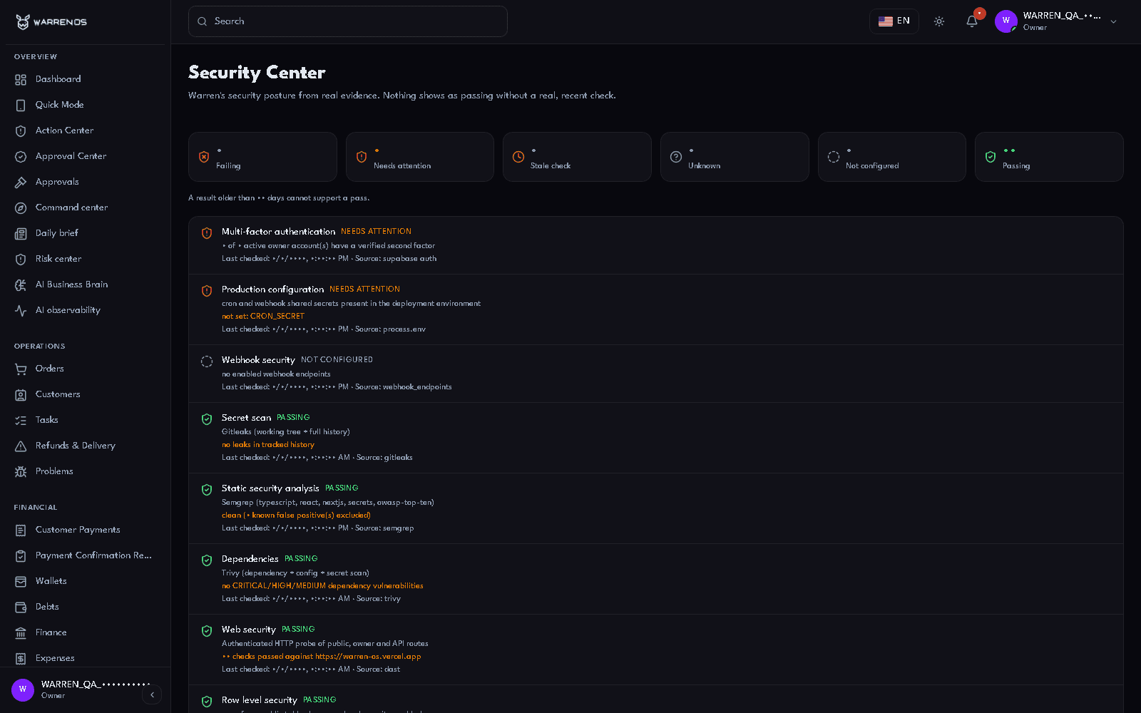 The Warren OS security centre: permissions, audit history and system checks